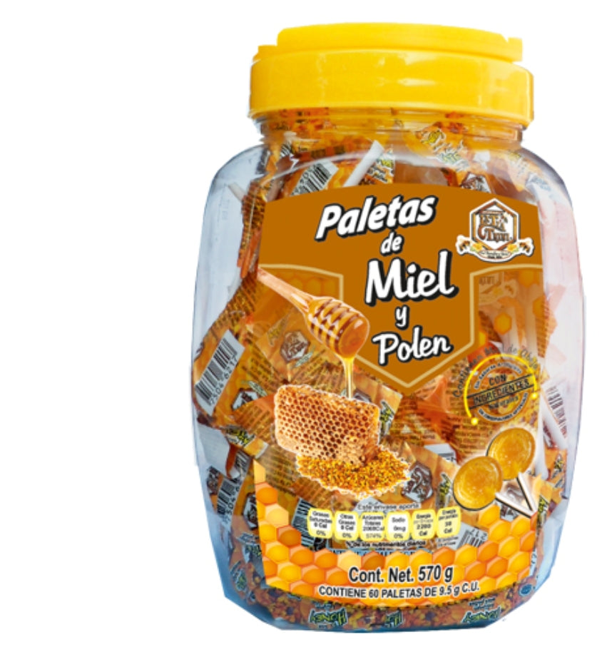 Vitrolero con paletas de miel y polen 60 piezas